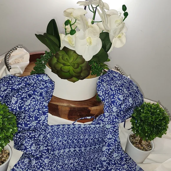 CUTE Printed Dress Short Blue Balloon Sleeves - Picture 3 of 8